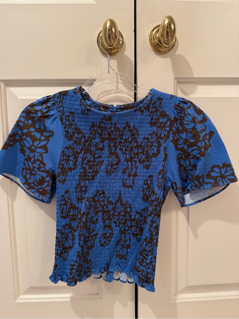 ME+EM Royal Blue Short Sleeve Smocked Floral Top